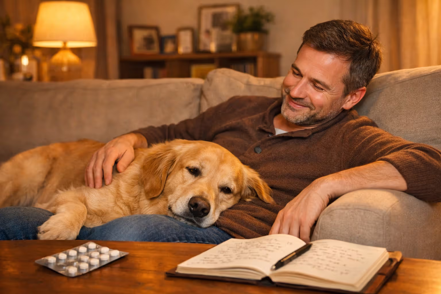 Happy relaxed dog sitting with owner at home during long-term anxiety management