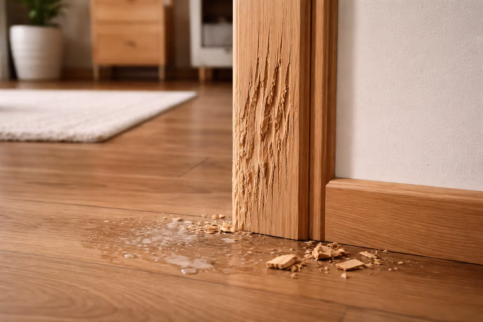 Scratched door frame and floor drool stains left by a dog with separation anxiety