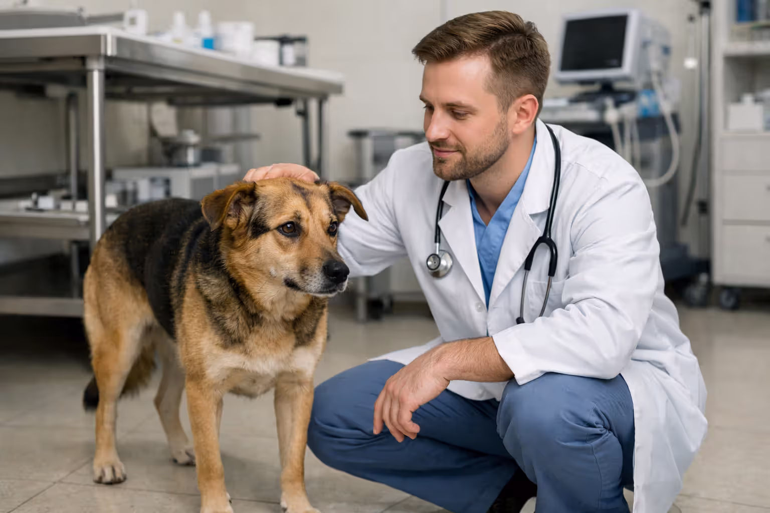Veterinarian calmly examining an anxious dog in a clinic setting
