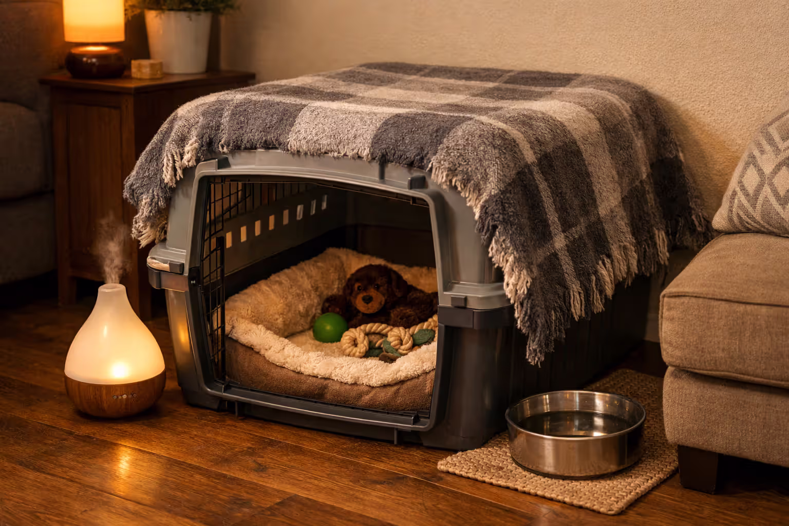 Cozy dog safe space setup with covered crate, blanket, toys, and water bowl