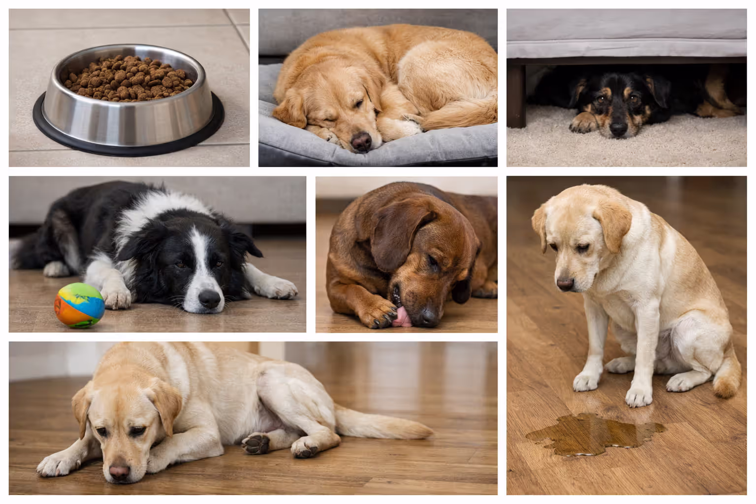 Seven signs of depression in dogs: appetite loss, excessive sleep, social withdrawal, loss of interest in play, obsessive licking, house-training regression, low posture