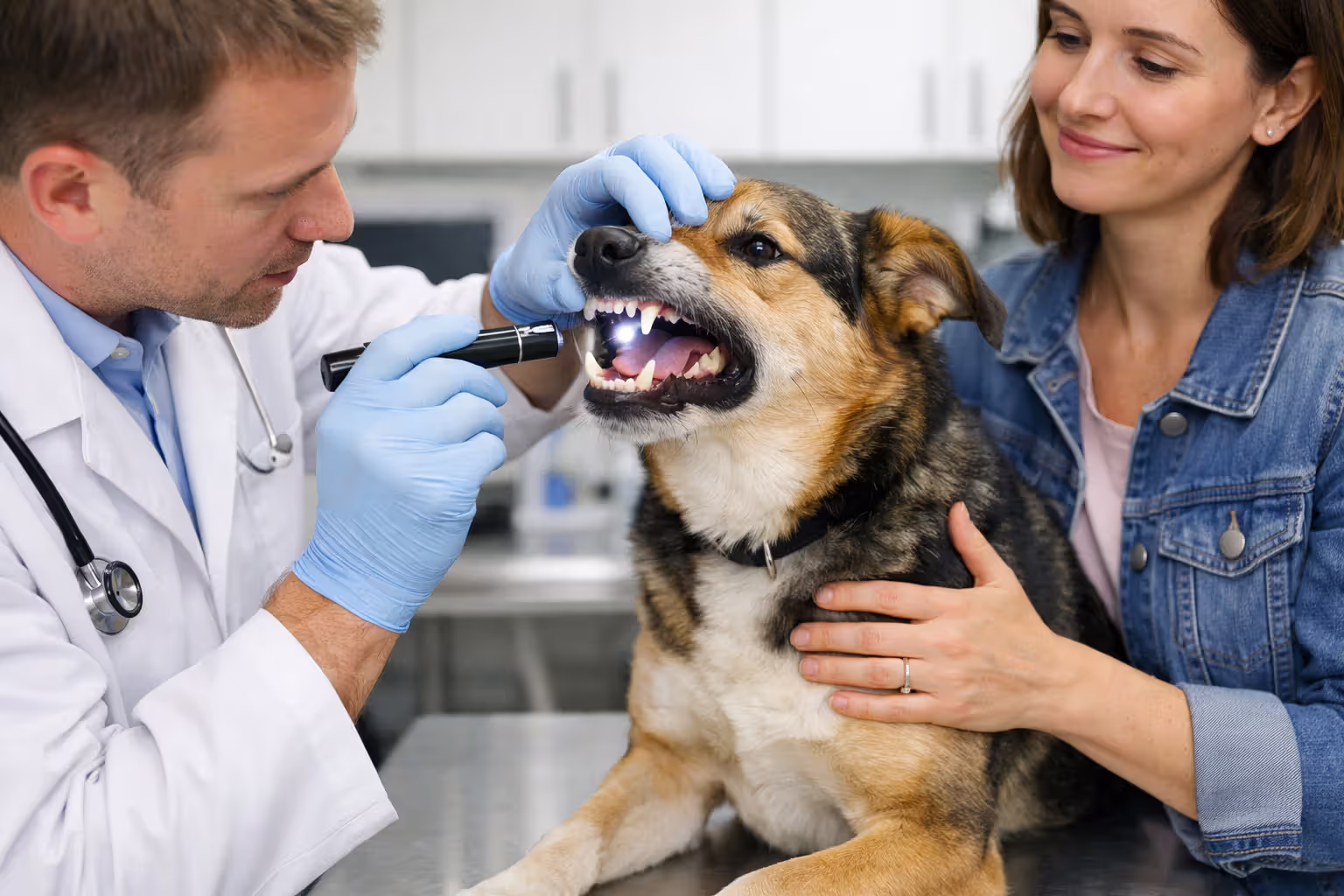 Veterinarian examining dog’s mouth and teeth during vet visit