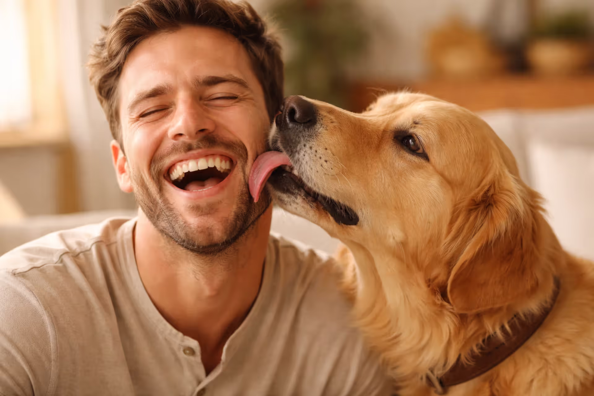 A dog licking a smiling person’s face in a warm home setting