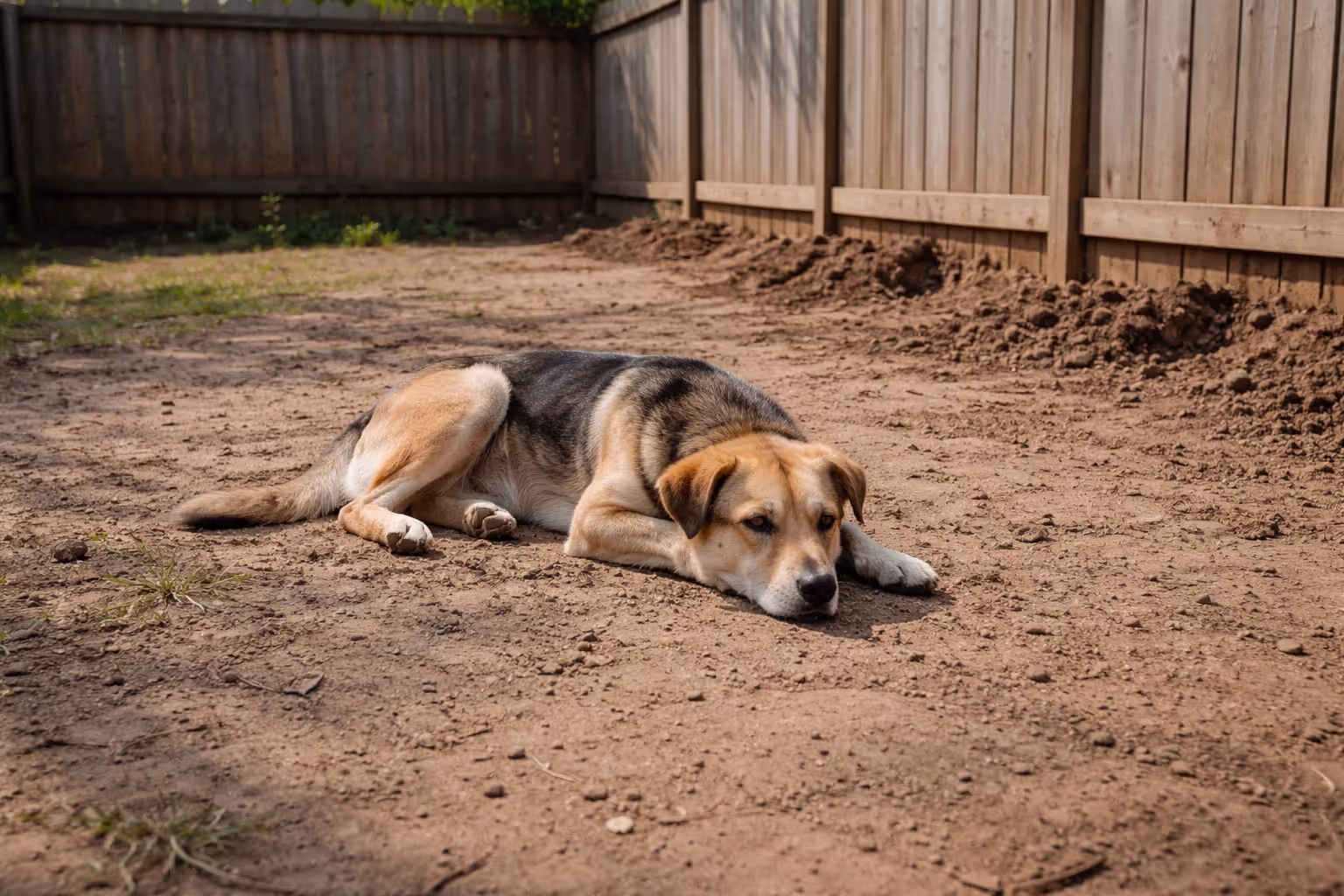 Bored dog lying alone in an empty backyard with signs of digging