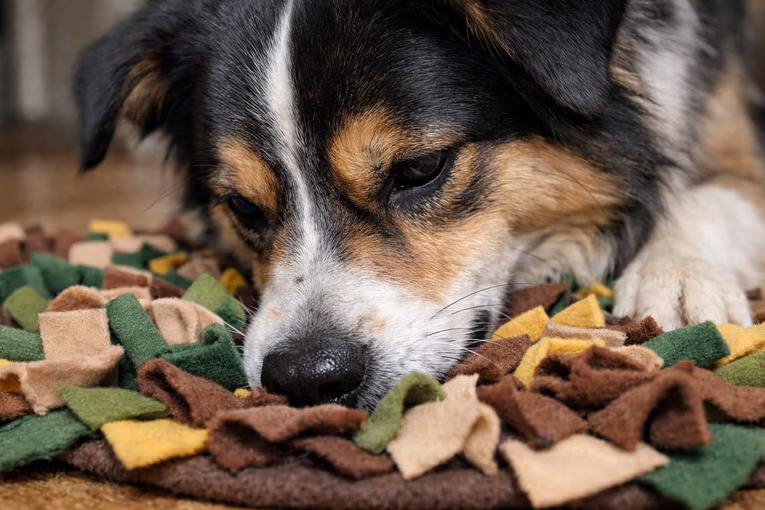 Dog sniffing treats hidden in a snuffle mat indoors
