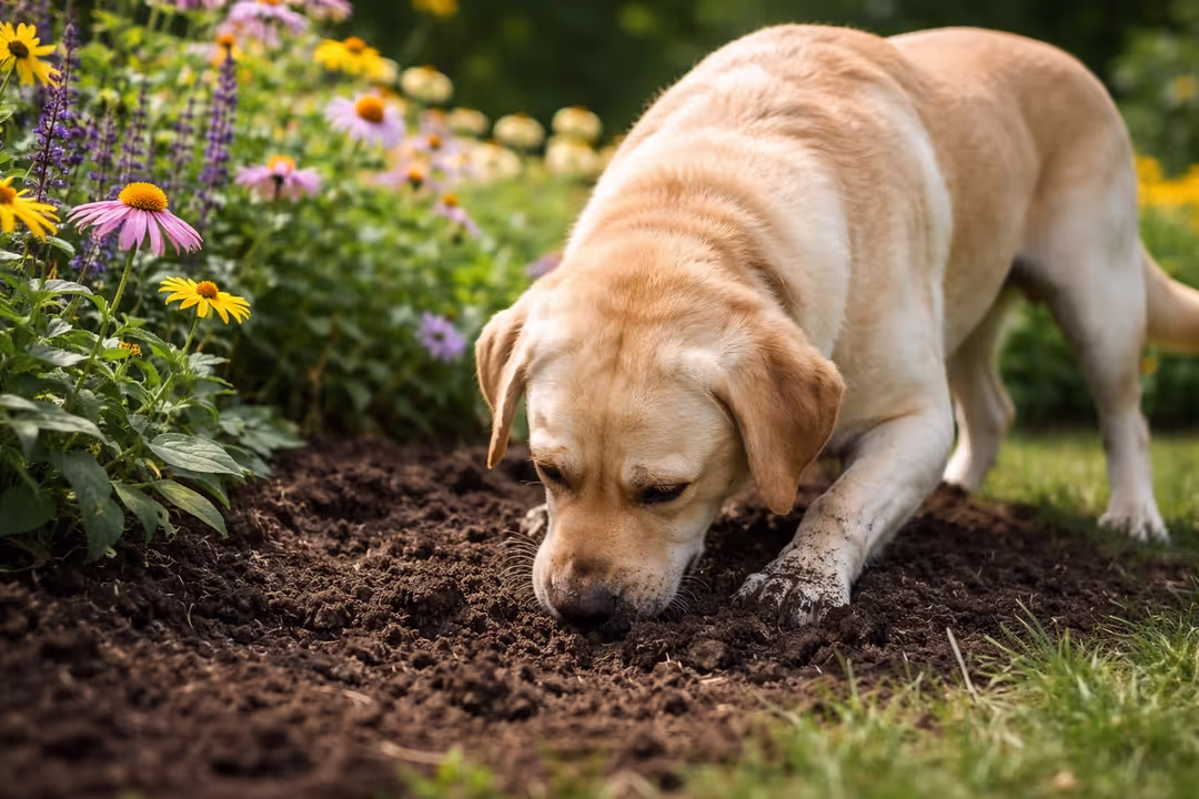 Dog sniffing and eating dirt in a garden flower bed