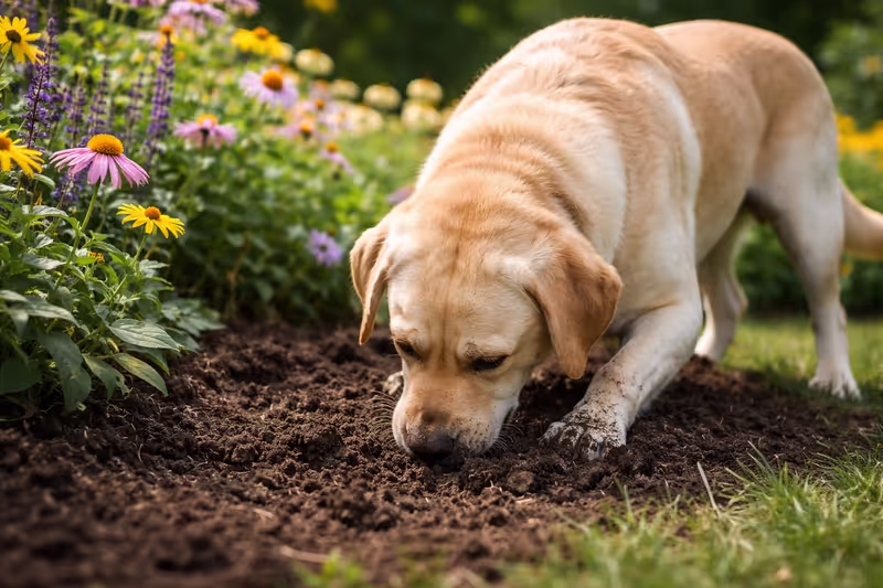 Dog sniffing and eating dirt in a garden flower bed