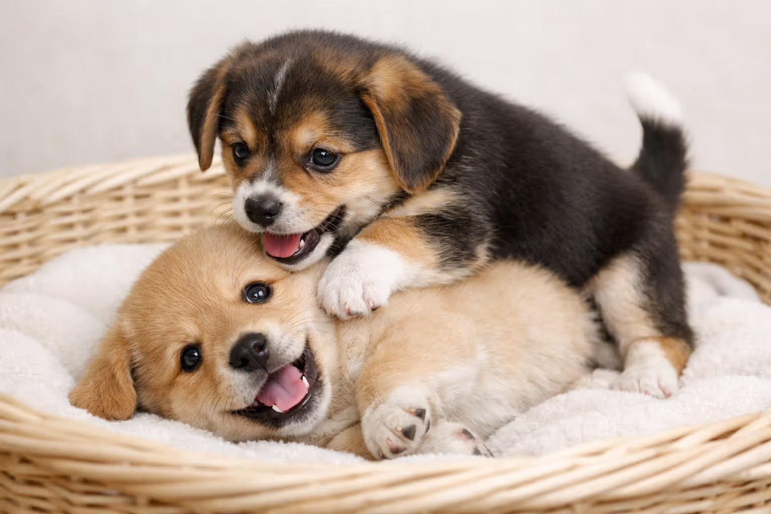 Young puppies playing together, one climbing on the other — normal developmental behavior