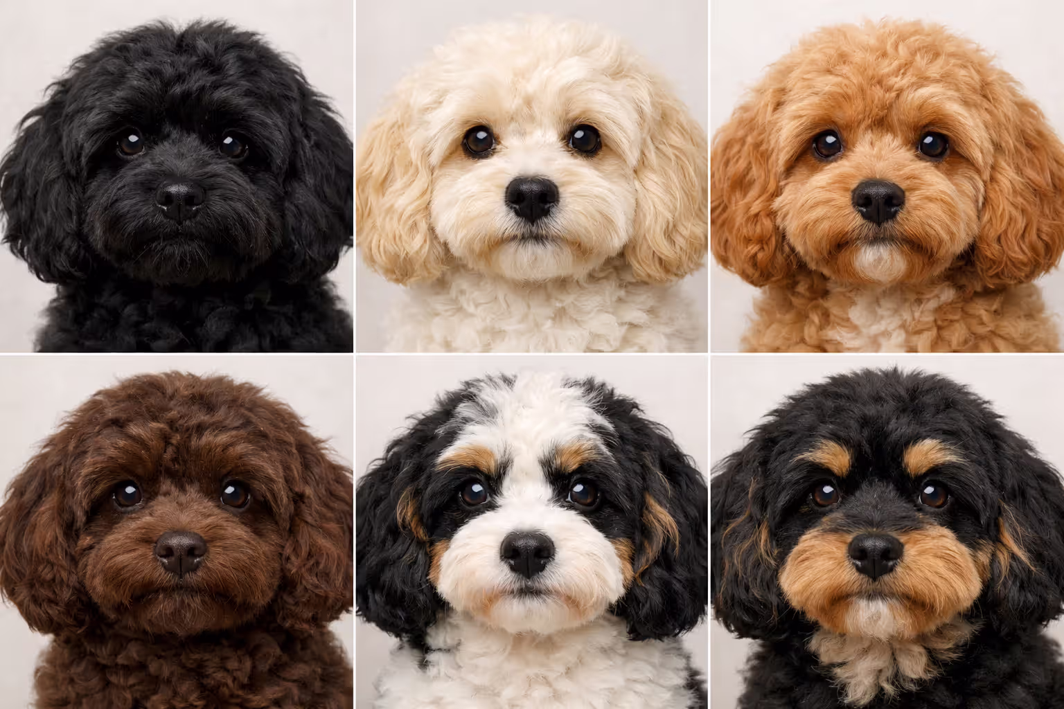 Six Cavapoos showing different coat colors: black, cream, apricot, chocolate, parti and phantom markings