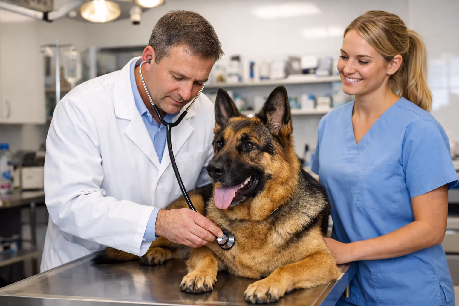 Veterinarian examining dog with stethoscope at emergency clinic