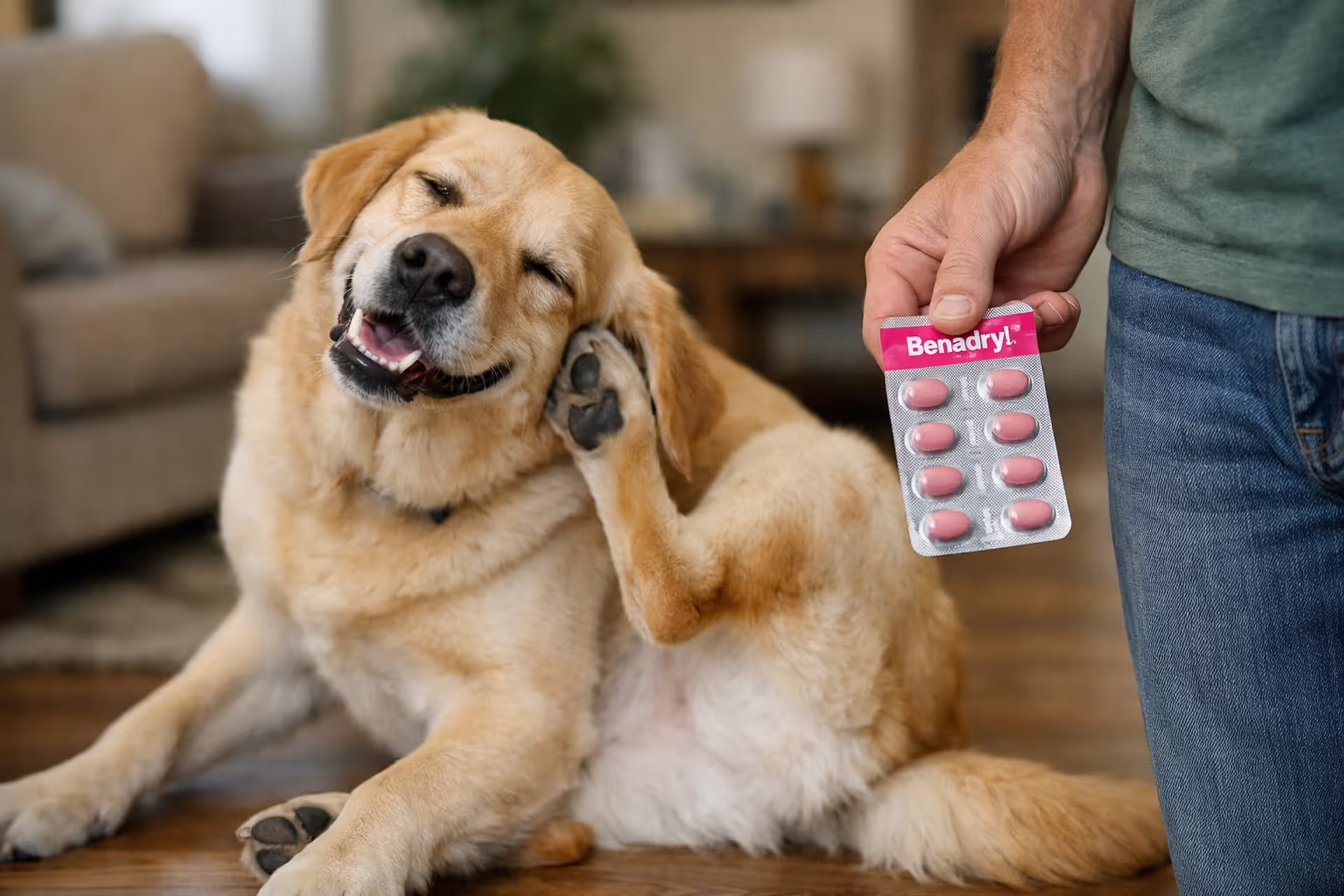 Dog scratching its ear while owner holds Benadryl tablets