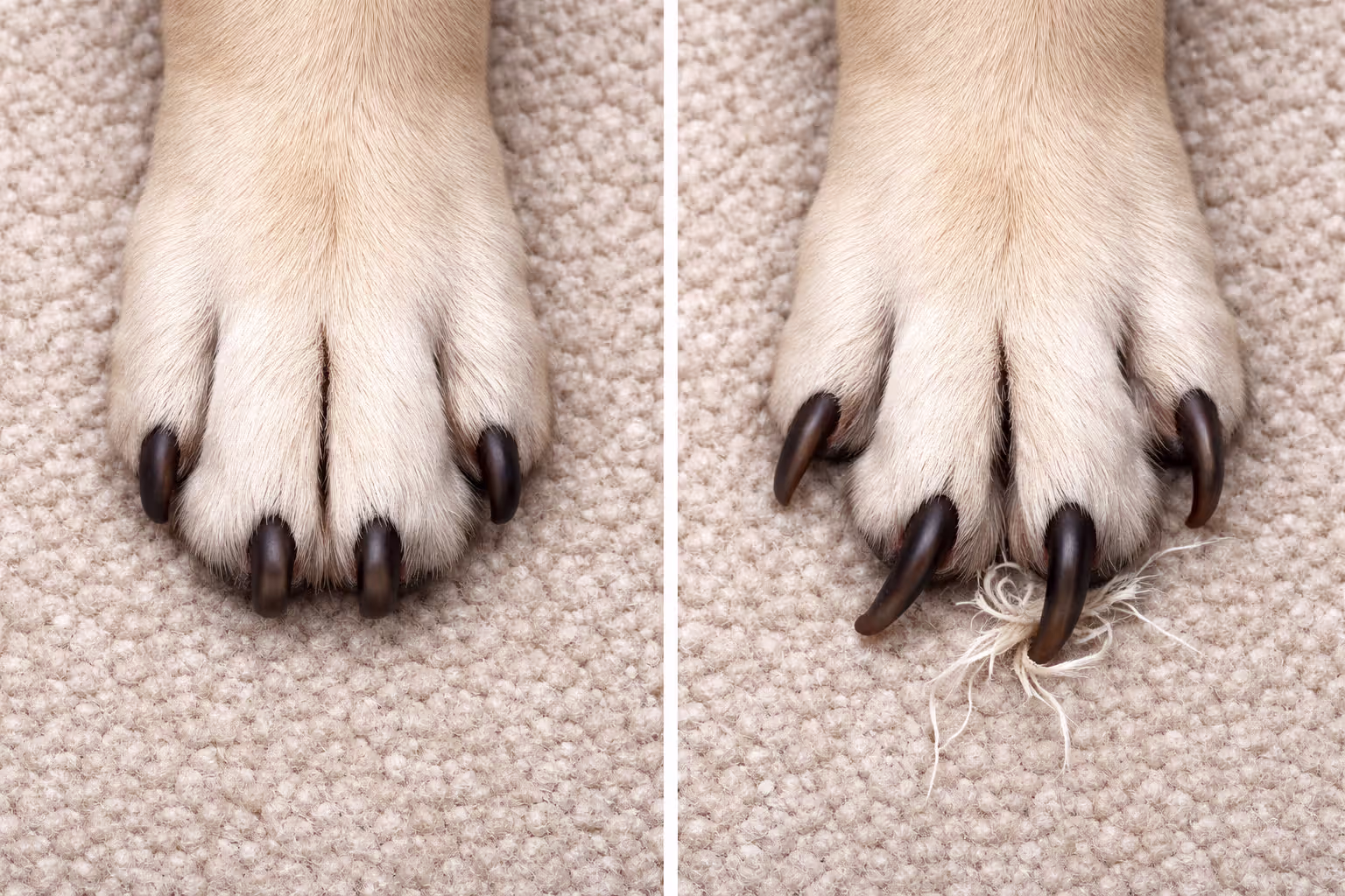 Comparison of trimmed vs overgrown dog nails, one caught on carpet