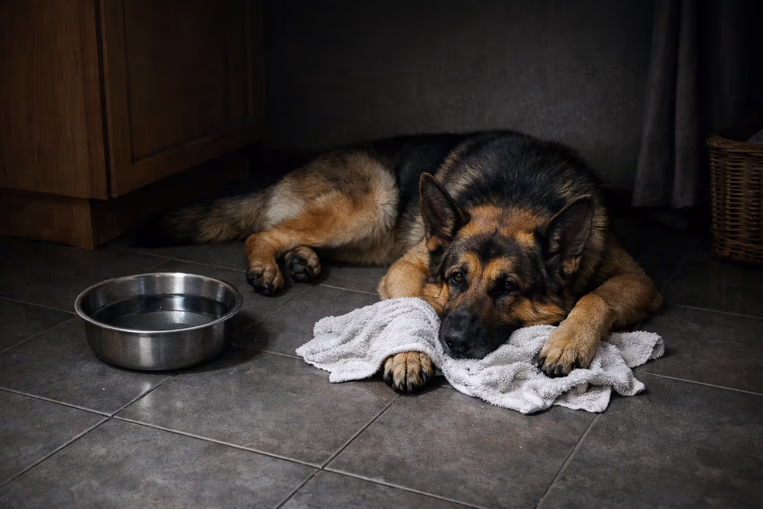 Sick dog resting on cool floor with a damp towel on its paws