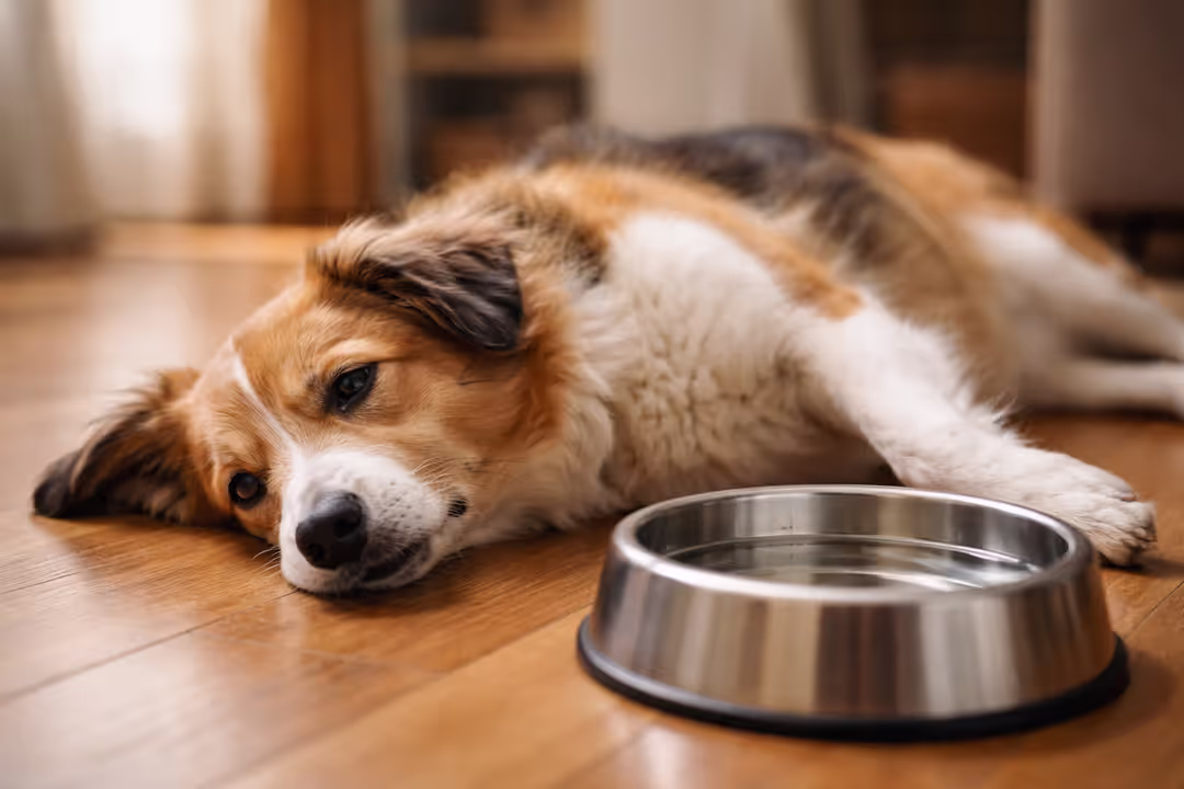 A sick dog lying on the floor next to an untouched water bowl