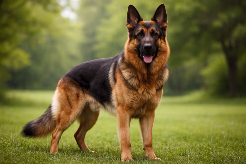 German Shepherd dog standing outdoors in a park, alert posture, black and tan coat