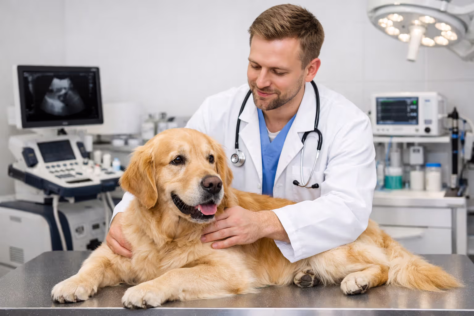 Veterinarian examining a golden retriever on a clinic table
