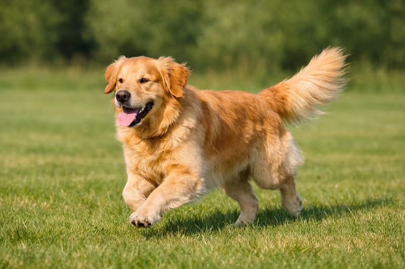 Golden retriever running through a sunny open field with tail raised