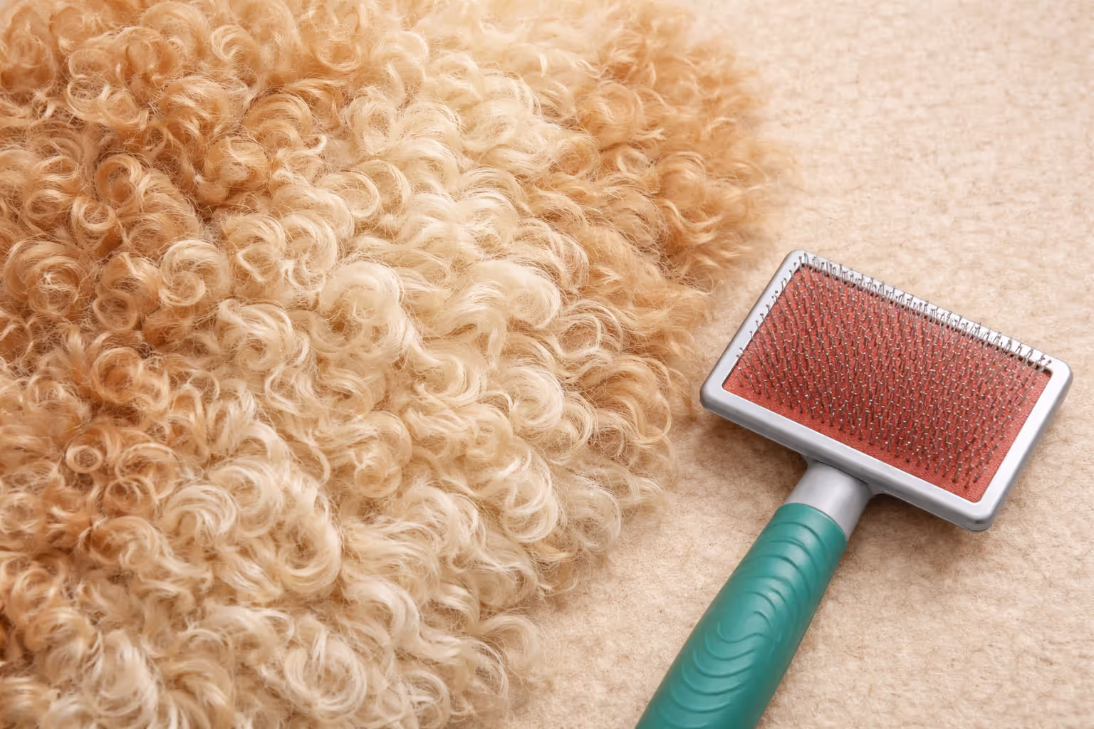 Close-up of a curly doodle coat texture next to a slicker brush