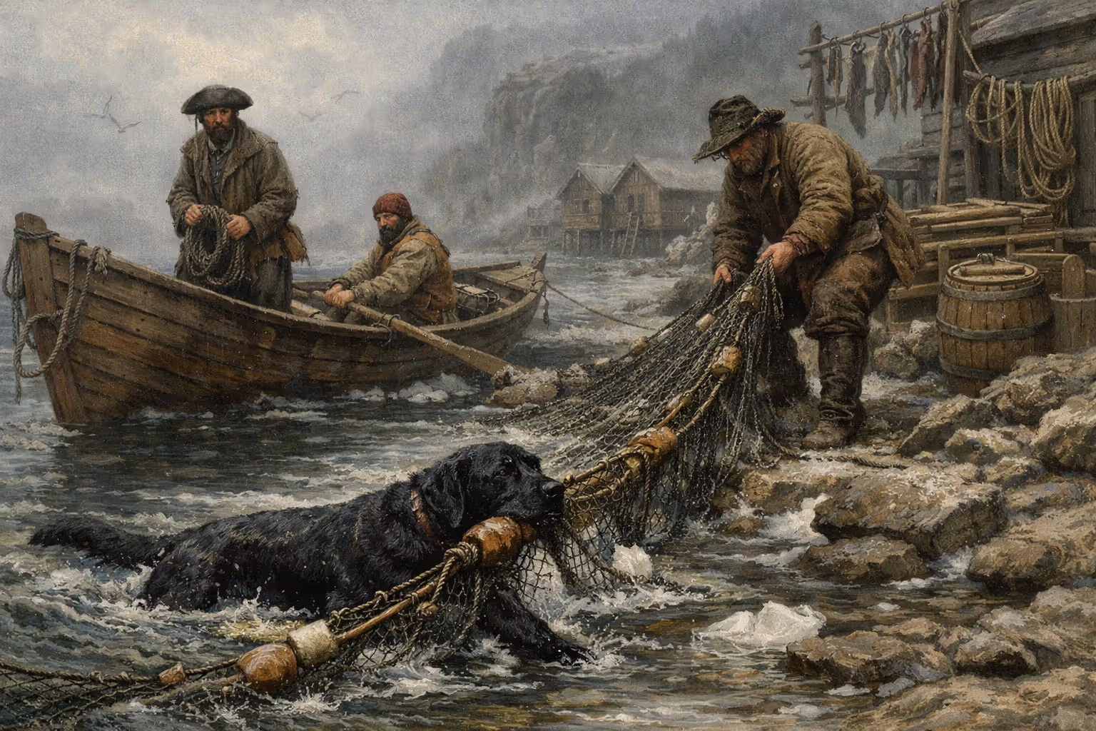 Historical scene of a Labrador retrieving fishing nets in Newfoundland waters