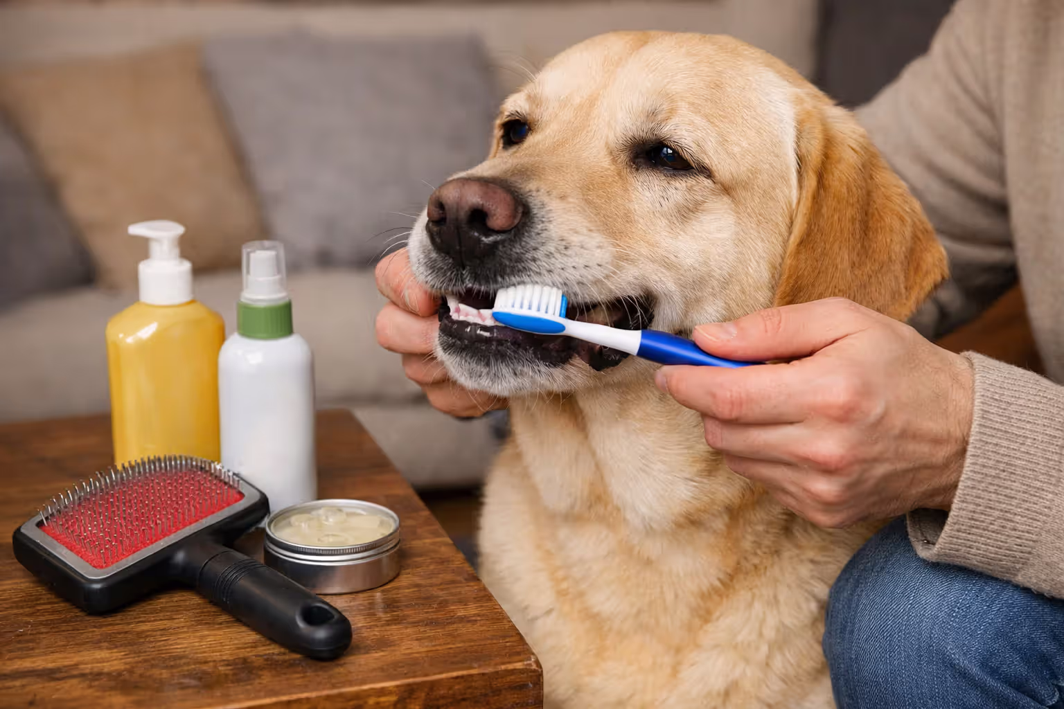 Owner brushing a Labrador Retriever’s teeth at home as part of grooming routine