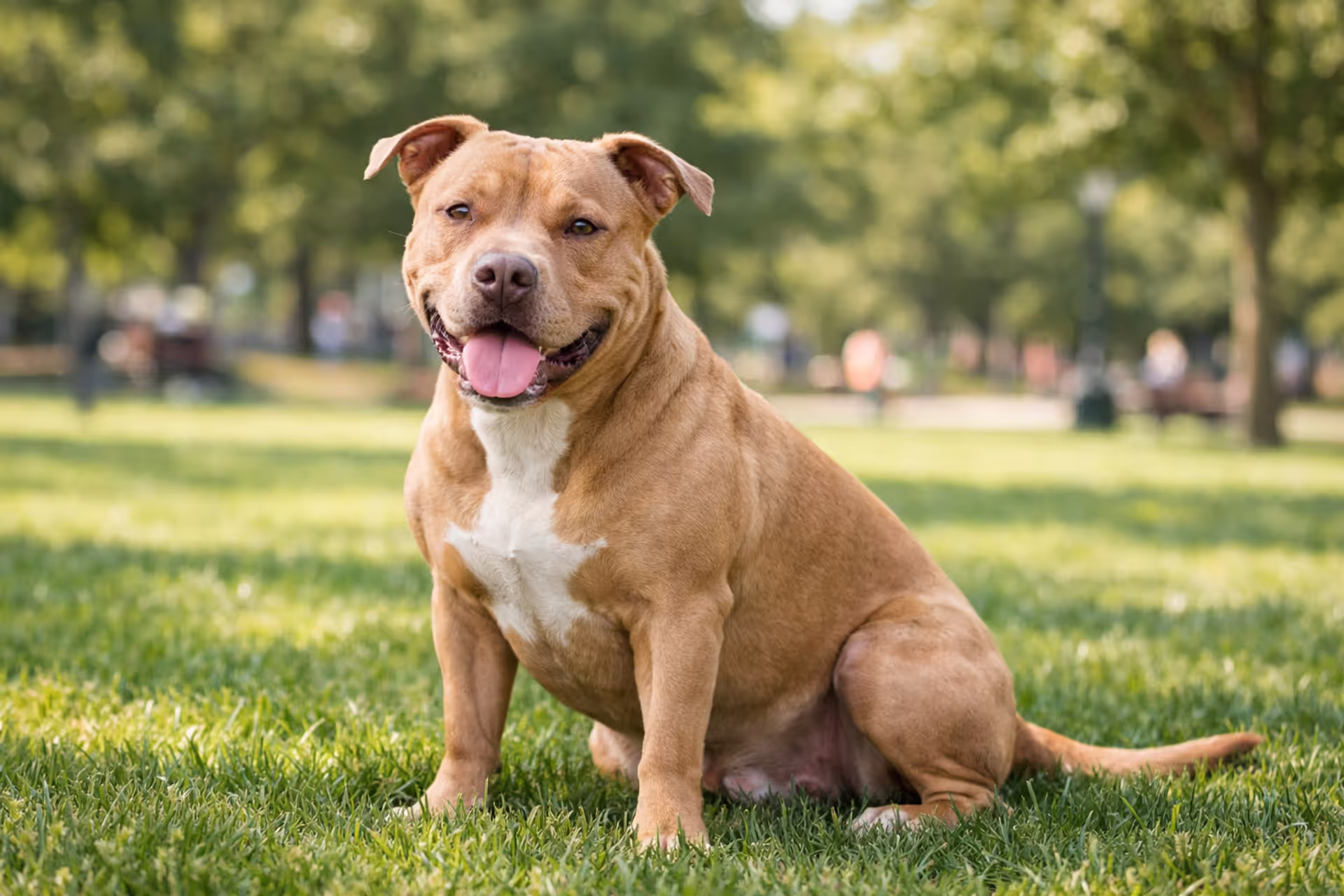 American Pit Bull Terrier sitting calmly in a park on a sunny day