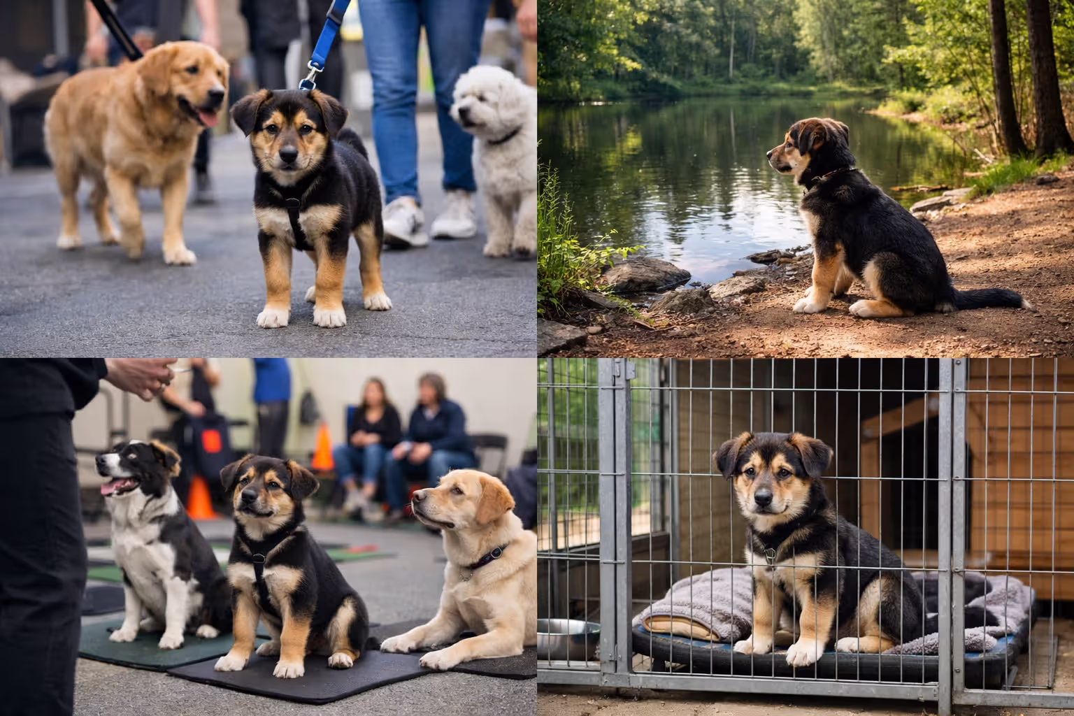 Four lifestyle scenarios showing dogs in city, nature, training class, and boarding kennel