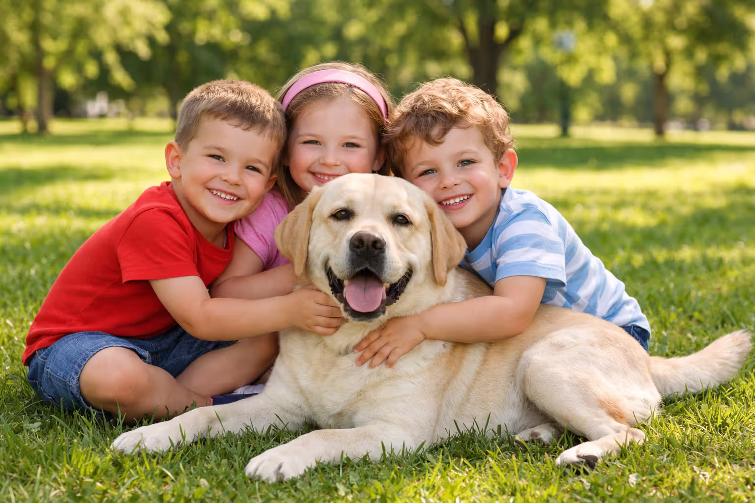 Yellow Labrador Retriever lying on grass with three young children hugging him in a sunny park