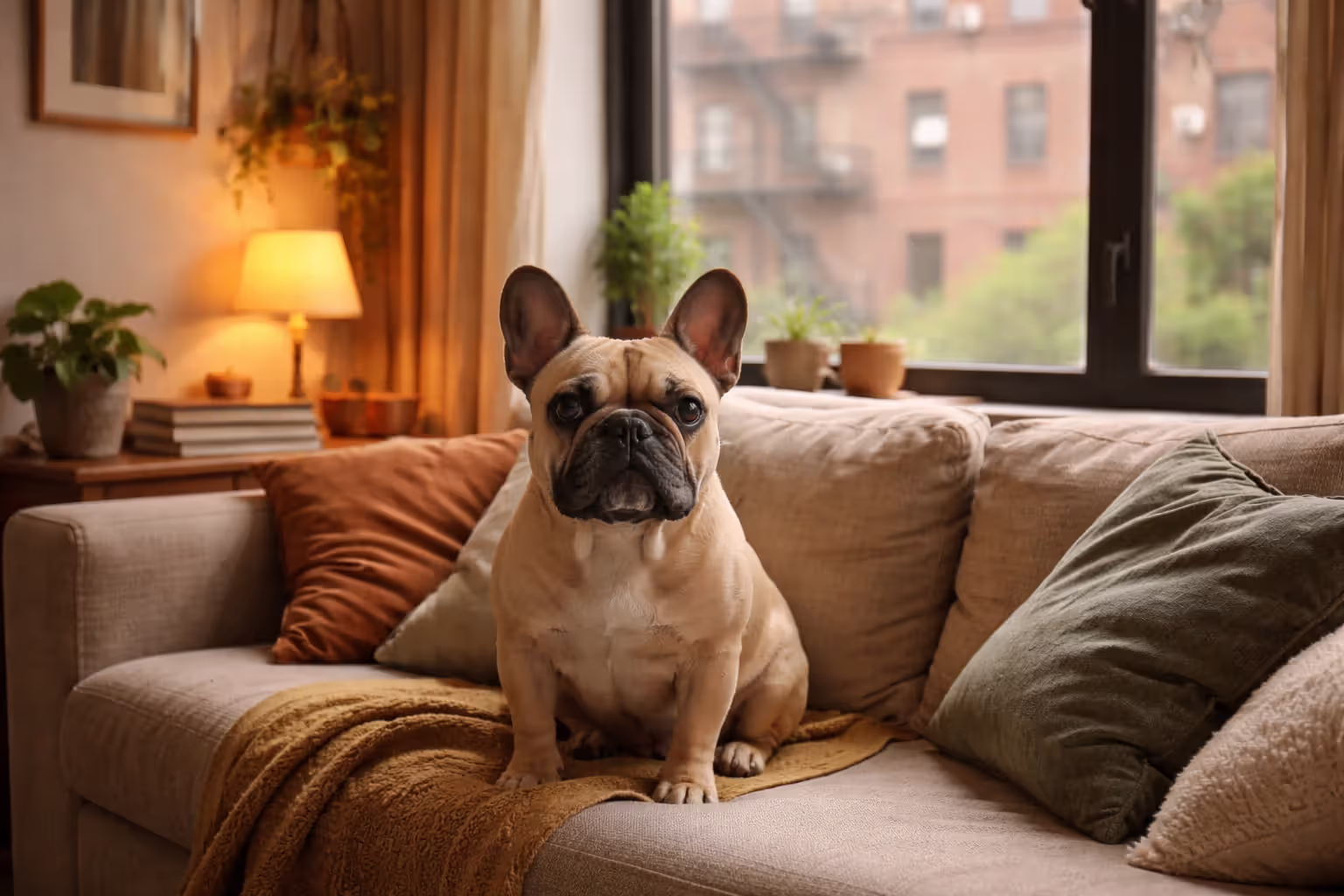 French Bulldog sitting calmly on a couch in a small urban apartment with city view through window