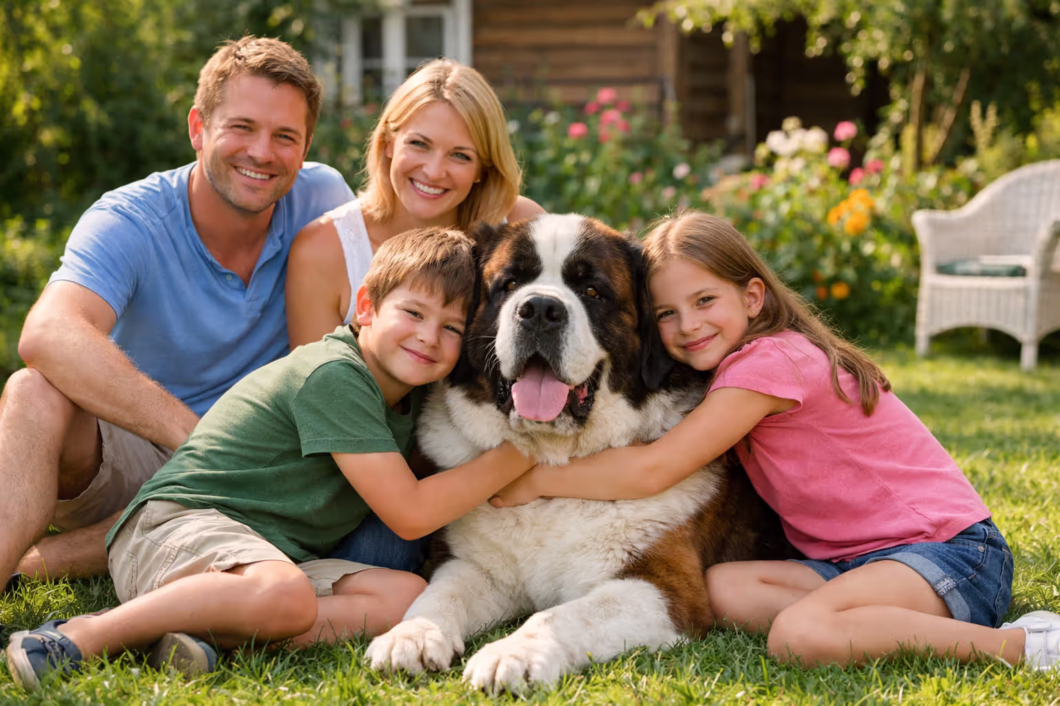 Family with children sitting outdoors with a large Saint Bernard dog