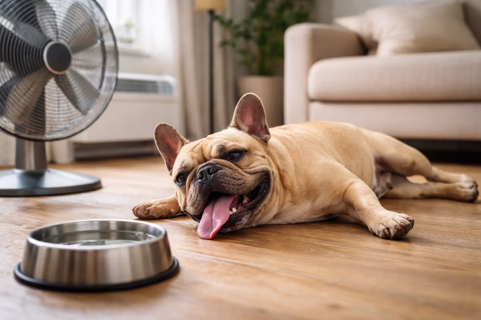 French Bulldog lying down panting heavily in a warm indoor environment next to a water bowl