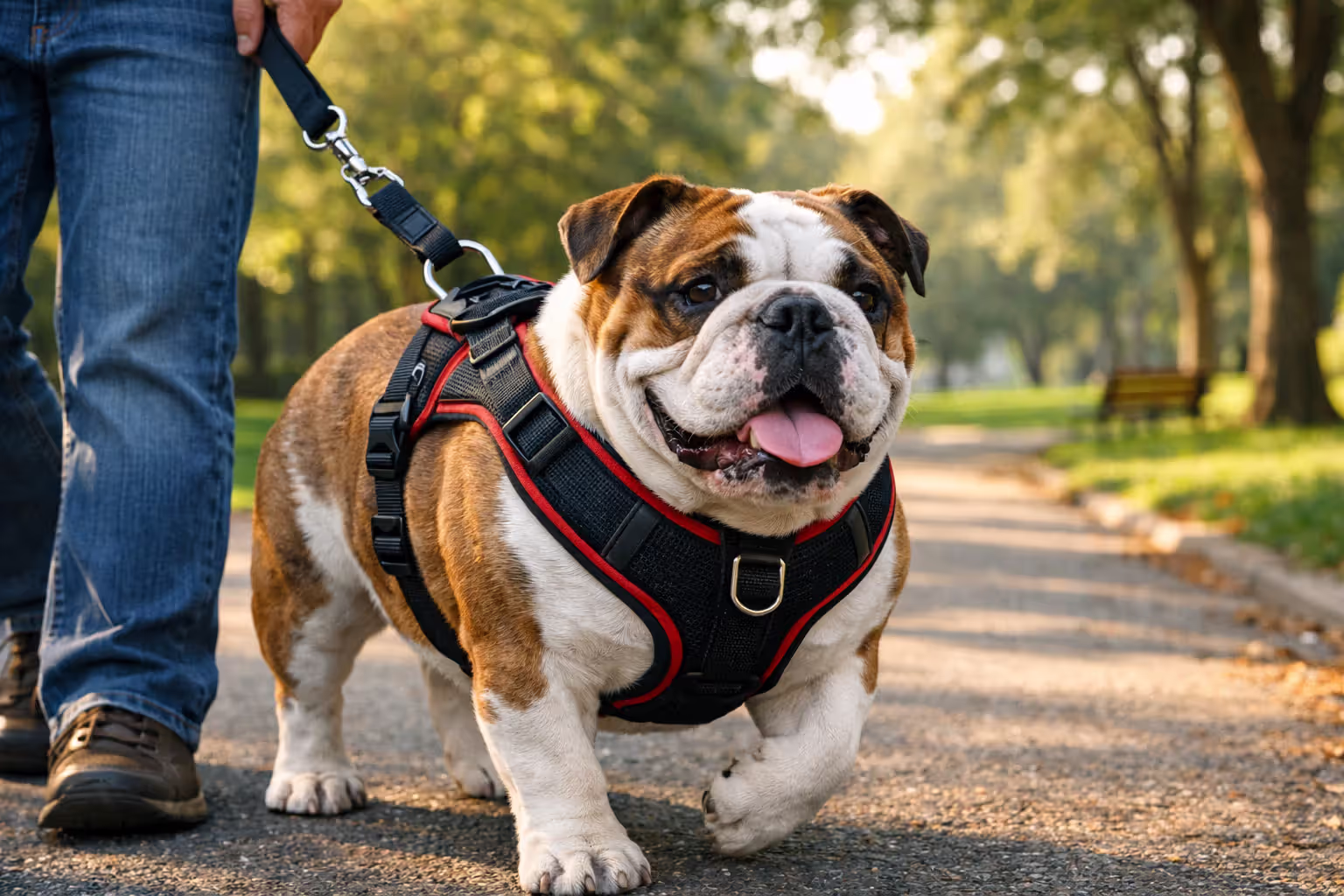 Brachycephalic dog wearing a properly fitted chest harness during a morning walk