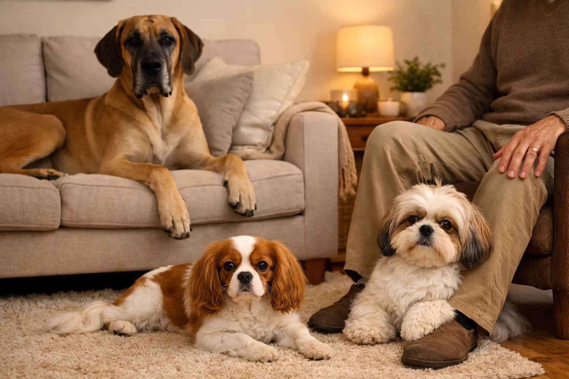 Several calm dog breeds of different sizes resting in a cozy home — Great Dane on the sofa, Cavalier and Shih Tzu relaxing near their owner