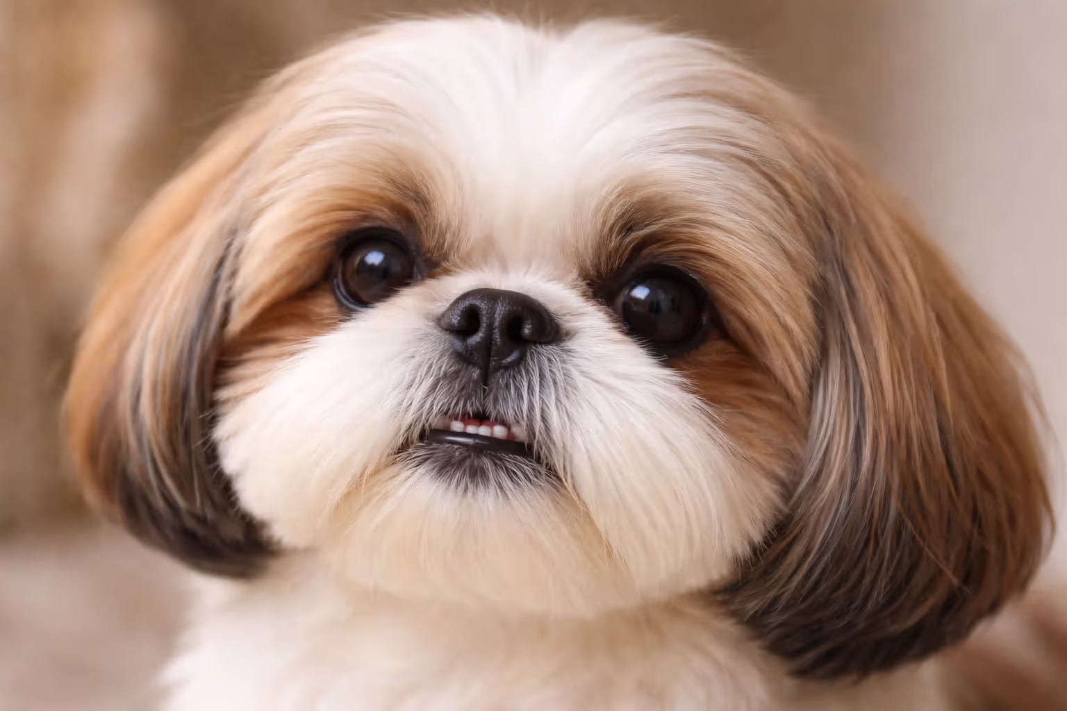 Close-up of Shih Tzu face showing brachycephalic features, large eyes and flat nose