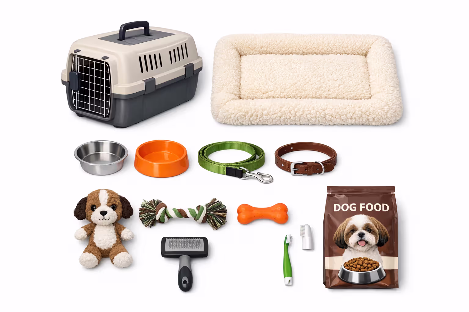 Flat lay of essential Shih Tzu supplies including crate, bowls, leash, brush, and toys