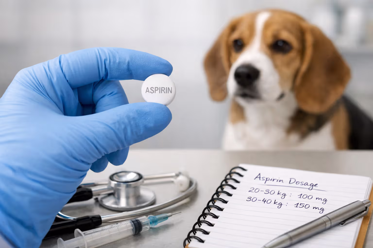 Veterinarian holding aspirin tablet near dog with dosage notes