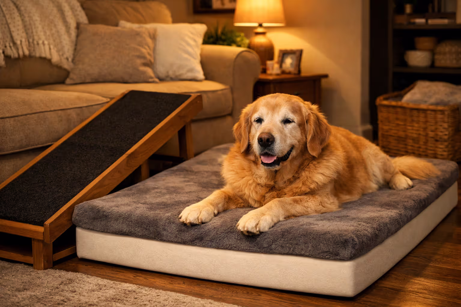 Senior dog resting on orthopedic memory foam bed with ramp