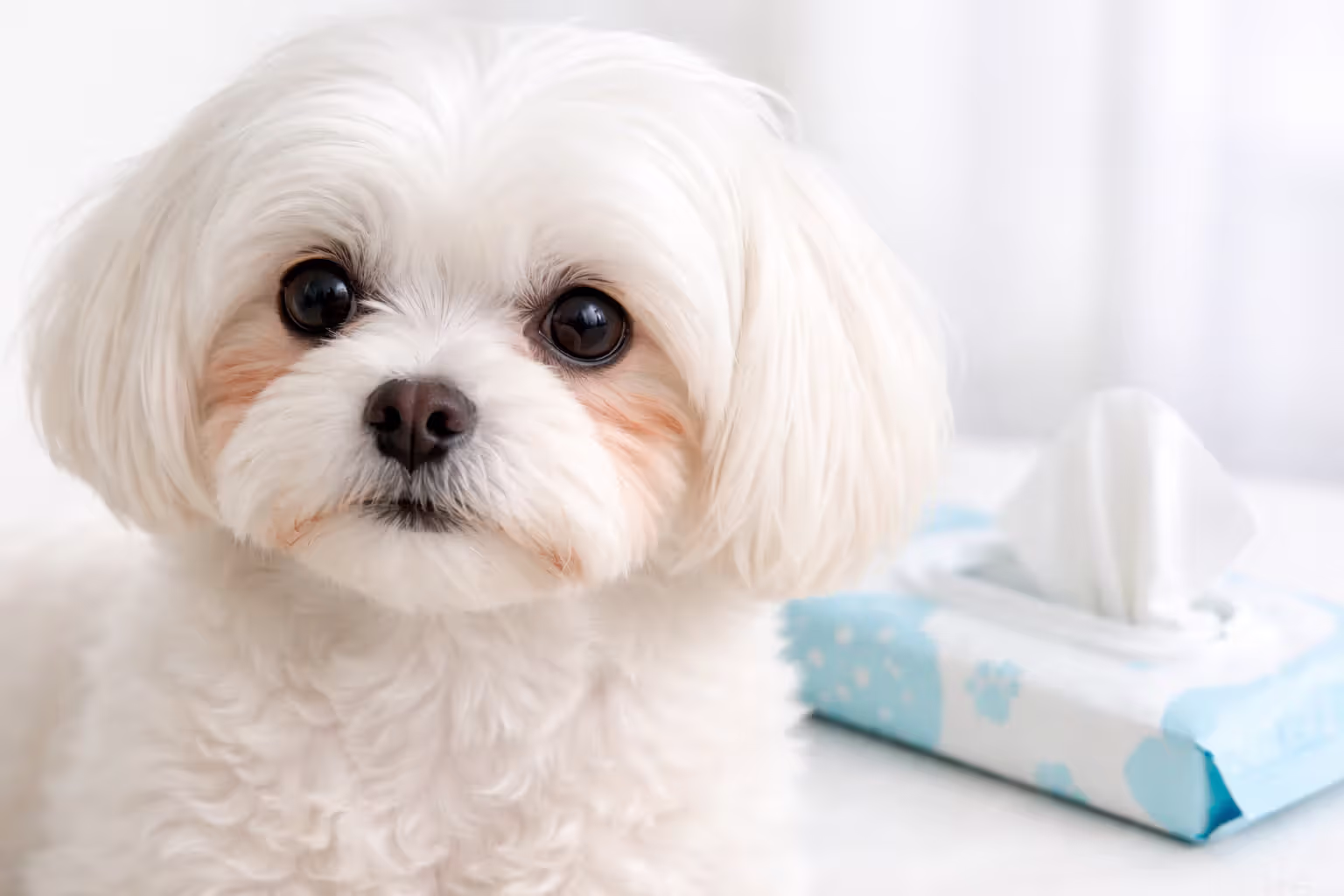 Close-up of white Maltese dog face showing tear staining below eyes