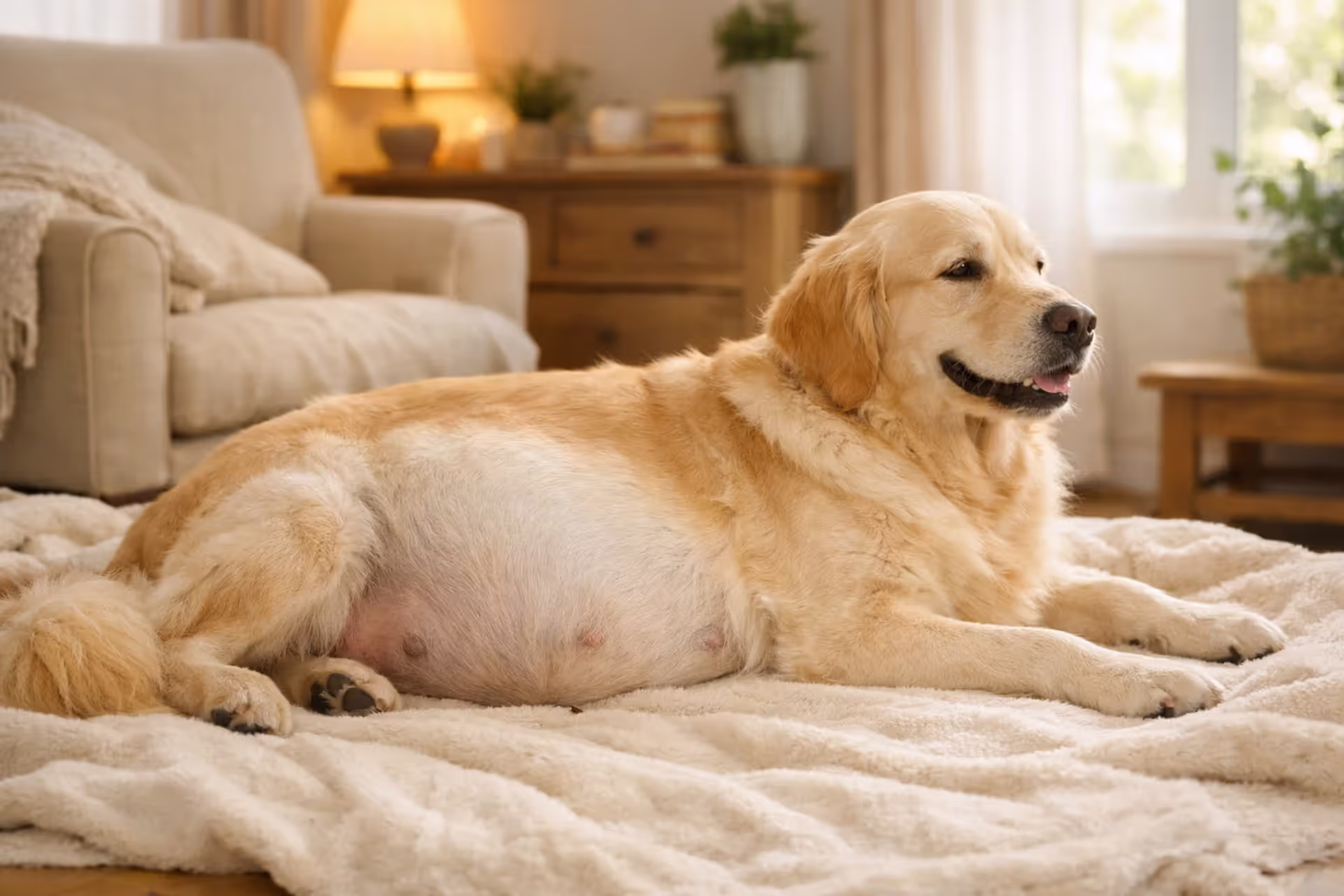 Pregnant golden retriever lying on a soft blanket showing visible round belly in a cozy home setting