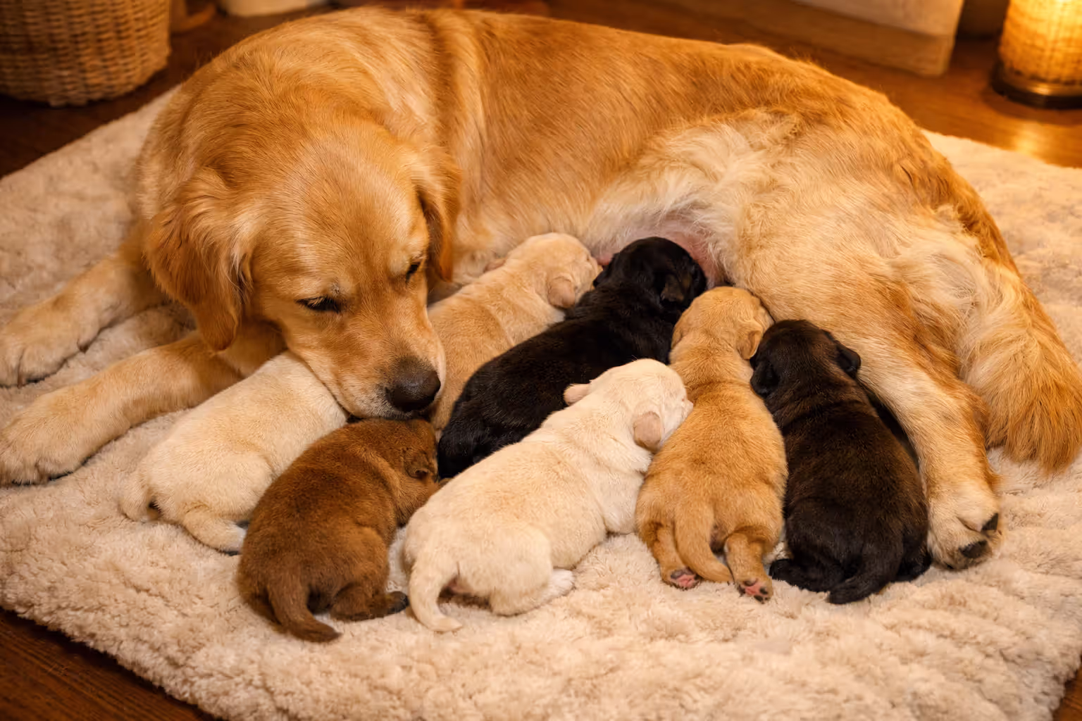 Golden retriever mother nursing a litter of six to seven newborn puppies on a soft bedding in a warm home environment