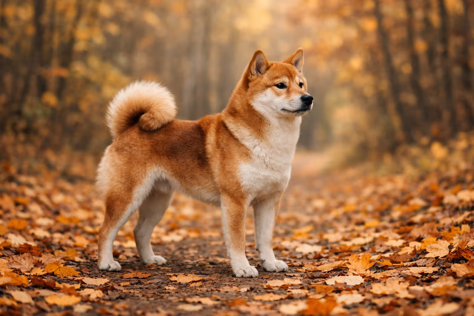 Shiba Inu standing in profile on an autumn forest trail surrounded by fallen orange and yellow leaves with curled tail and alert expression