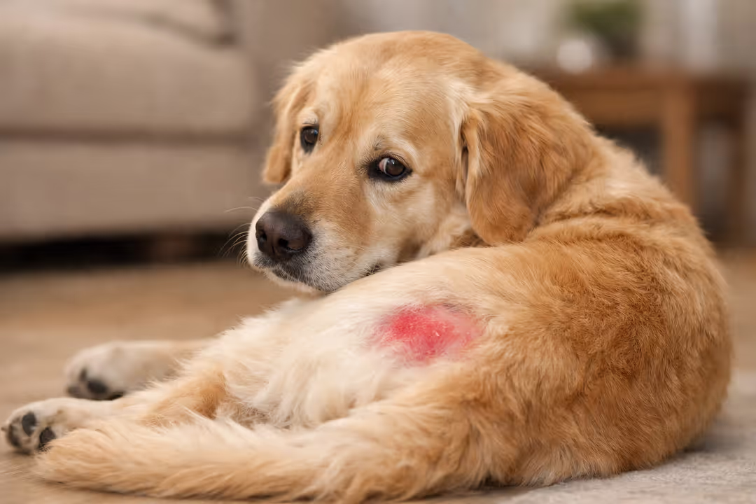 Golden Retriever looking back at a red irritated hot spot on its hip while lying on the floor at home