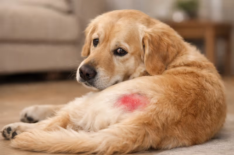 Golden Retriever looking back at a red irritated hot spot on its hip while lying on the floor at home