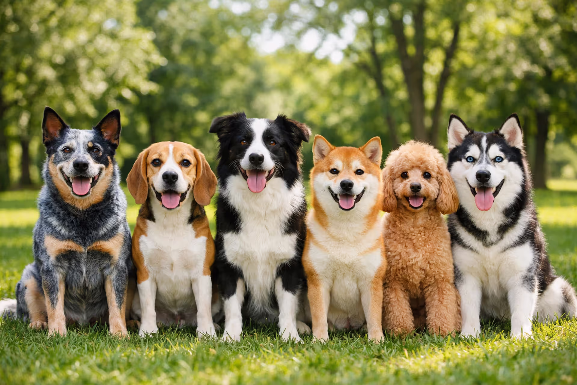 Group of healthy dog breeds including Australian Cattle Dog, Beagle, Border Collie, Shiba Inu, Poodle, and Husky sitting together on a green lawn on a sunny day