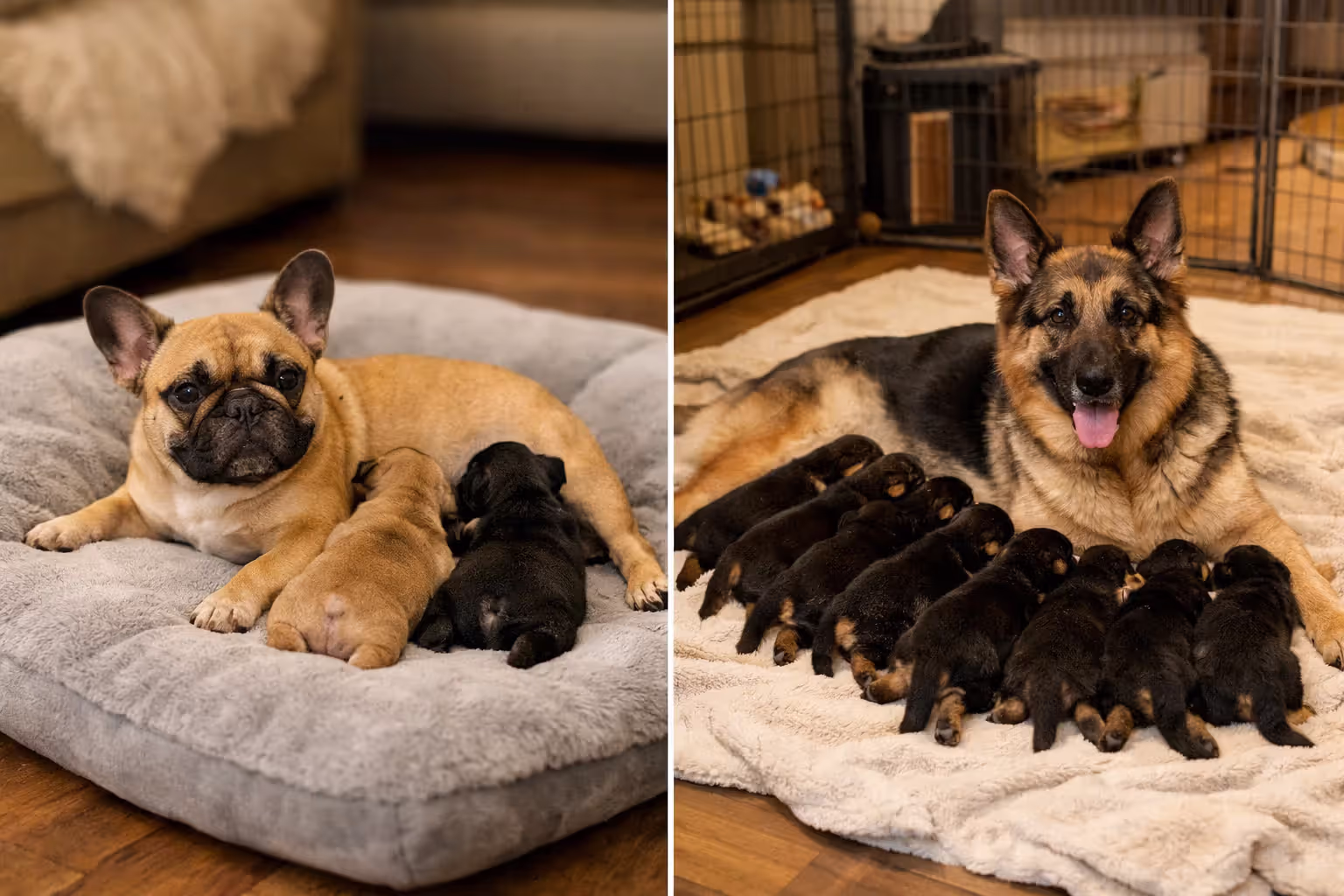 Side-by-side comparison of a French Bulldog nursing three puppies and a German Shepherd nursing nine puppies