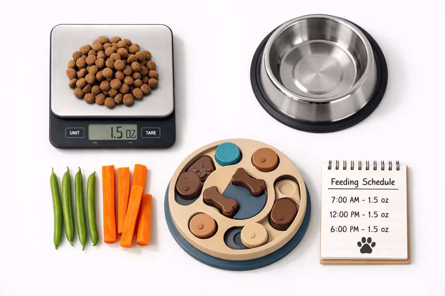 Flat-lay of dog weight management essentials: kitchen scale with measured kibble, healthy vegetable treats, puzzle feeder, and feeding schedule