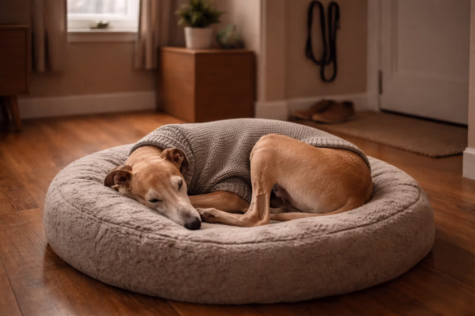 A retired Greyhound wearing a sweater sleeping peacefully on a dog bed in a small modern apartment