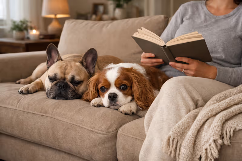 A French Bulldog and a Cavalier King Charles Spaniel relaxing on a sofa next to their owner in a cozy living room