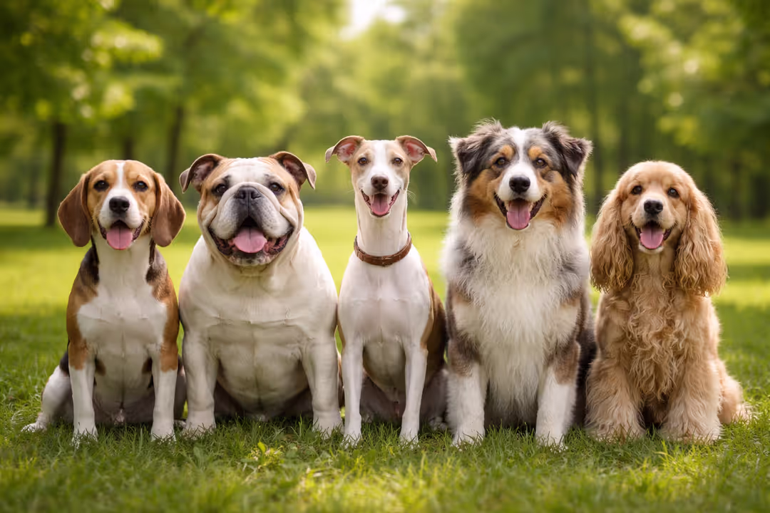Group of medium sized dog breeds including Beagle, Bulldog, Whippet, Poodle, Australian Shepherd, and Cocker Spaniel sitting together on green grass in a park