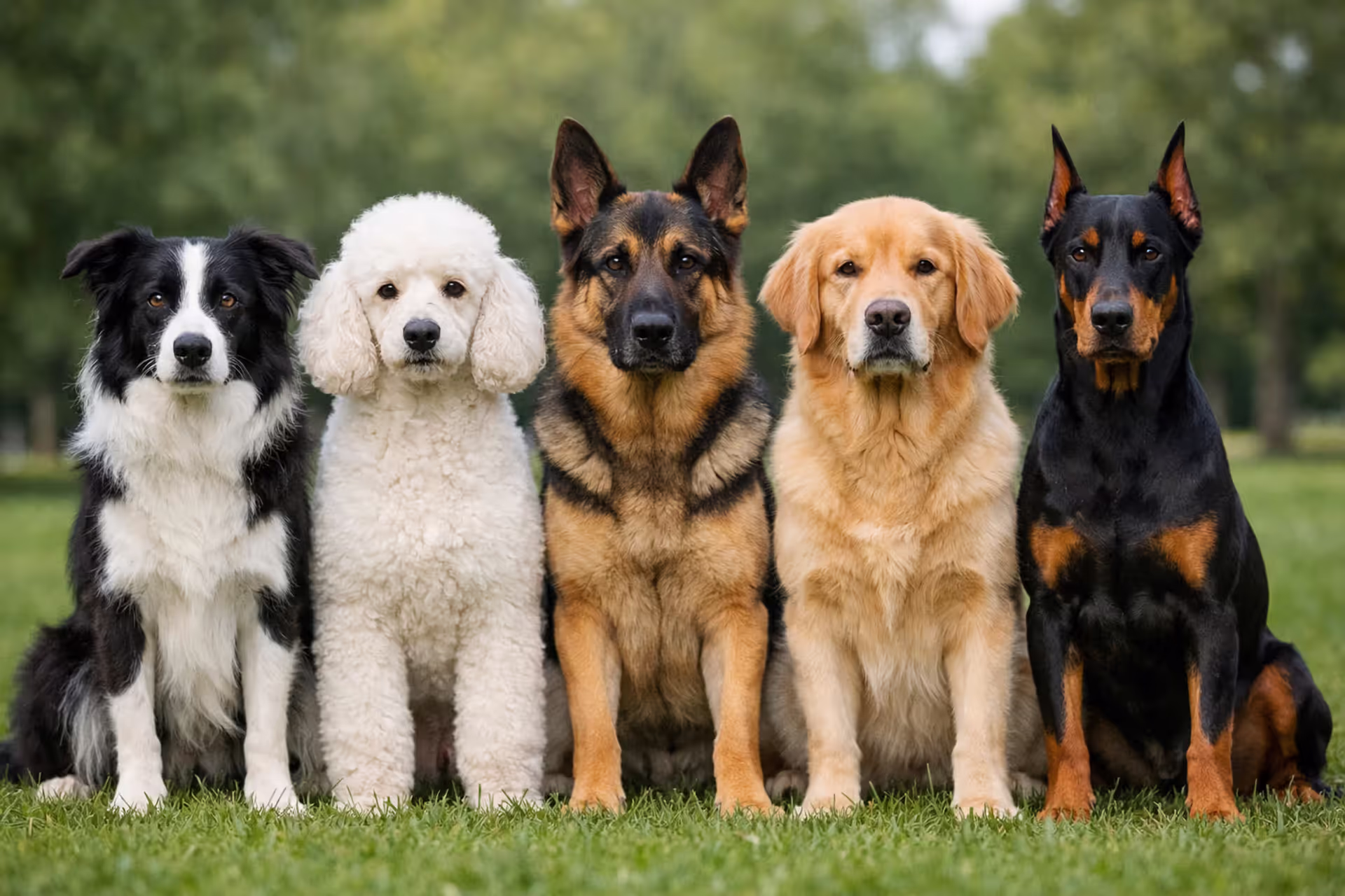 Five intelligent dog breeds sitting in a row on green grass looking attentively at camera