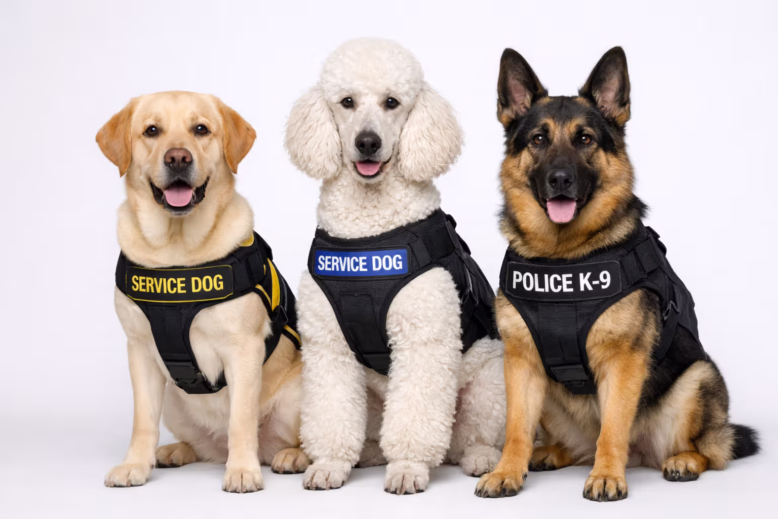 Three different service dog breeds sitting together in vests — Labrador retriever, standard poodle, and German shepherd